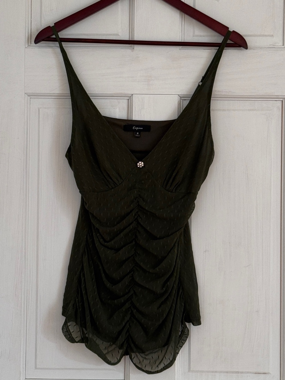 EXPRESS Women’s Olive Green Layered Mesh Clip Dot V-Neck Ruched Dressy Tank Top